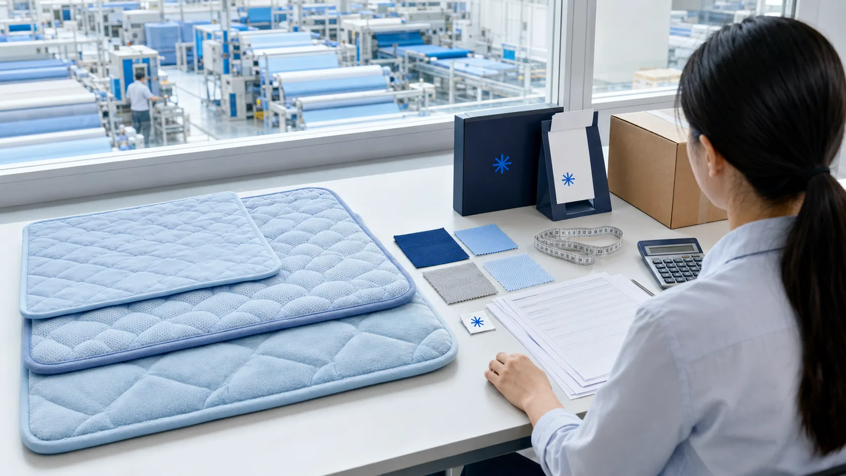 Pet cooling mat samples with different materials, thicknesses, packaging and quotation details at the factory