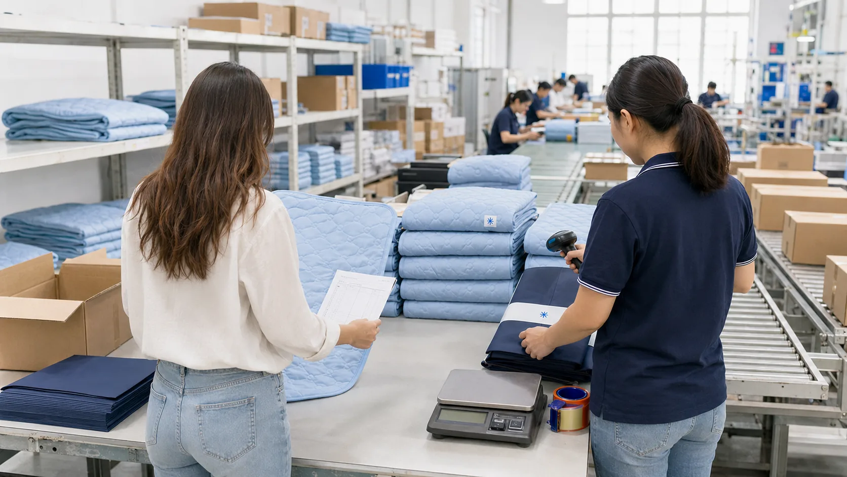 Factory worker scanning a small private-label pet cooling mat order while a buyer reviews the QC checklist