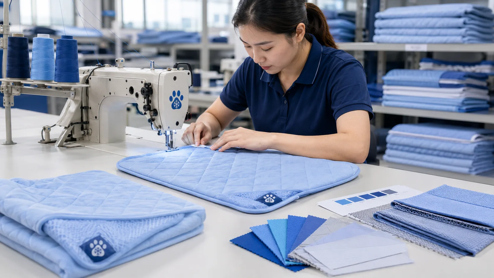 Factory team producing a custom cooling mat sample
