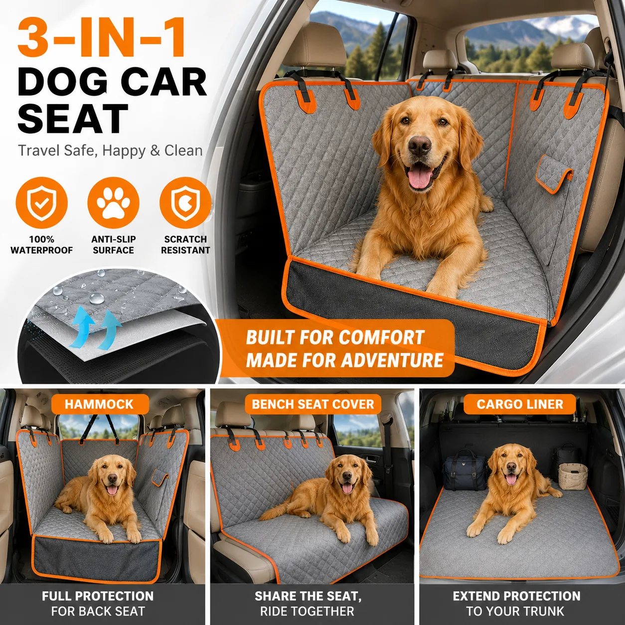 Three-in-one convertible dog car seat cover in a vehicle
