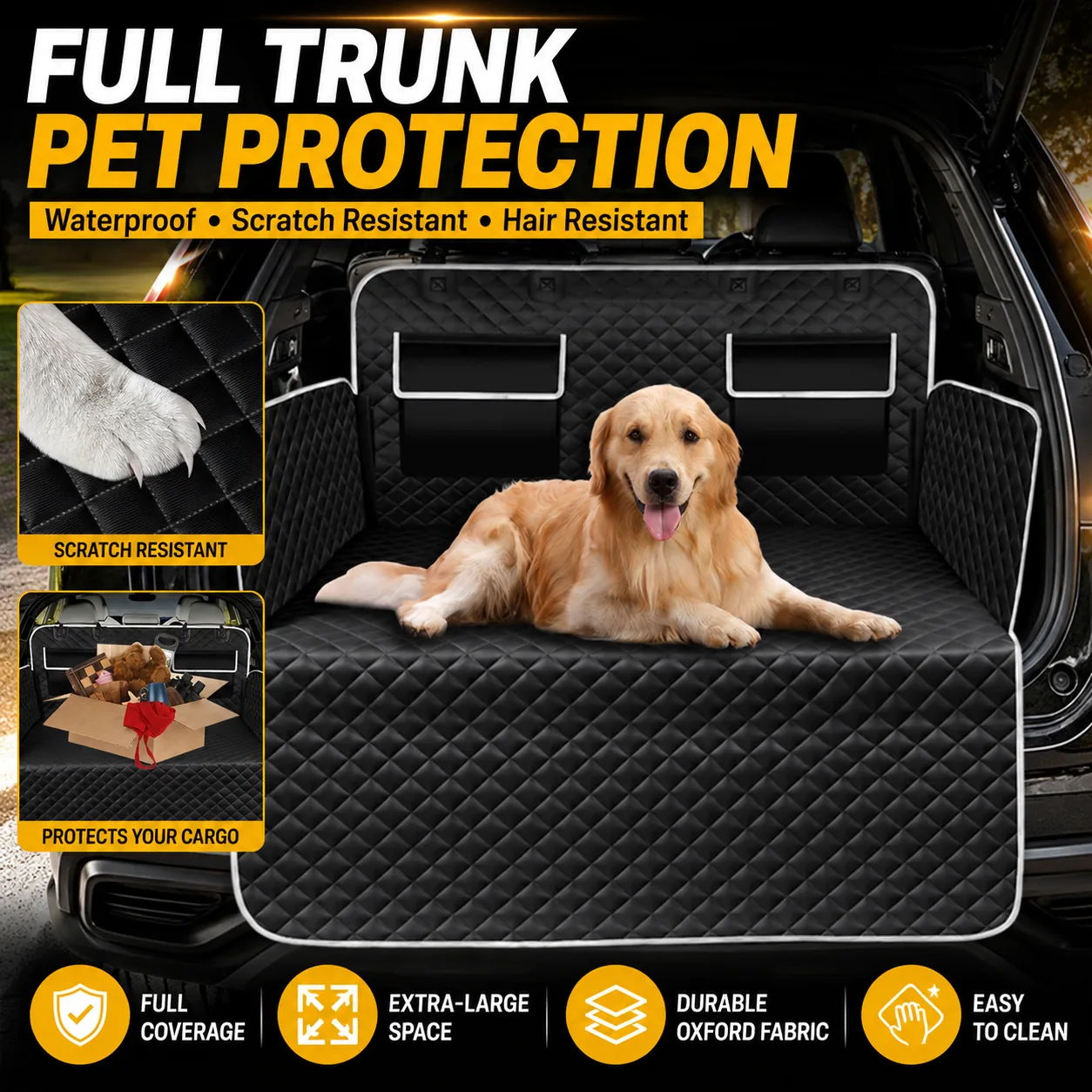 Full-coverage dog cargo liner protecting an SUV trunk