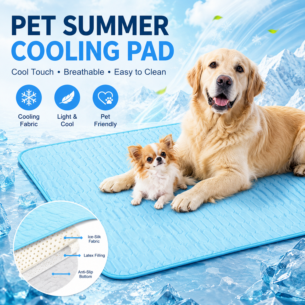 Pet summer cooling pad with golden retriever and small dog